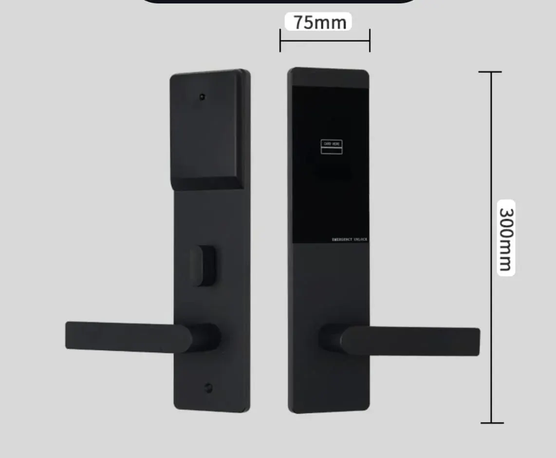 Card-Reader Hotel Lock (75 x 300 mm): front and rear panels with dimensions
