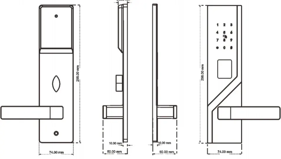 Diagonal-Panel Hotel Lock: panel dimension drawings
