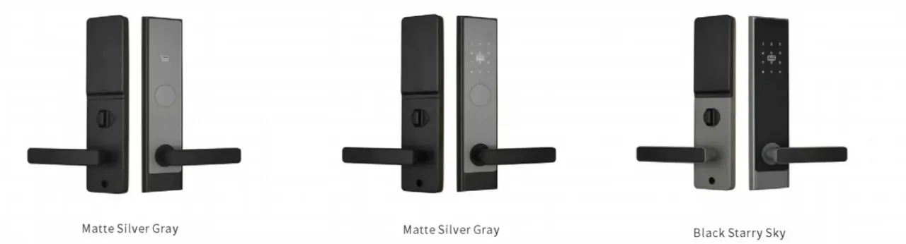 Glass-Panel Hotel Lock, 300 mm: finishes and versions