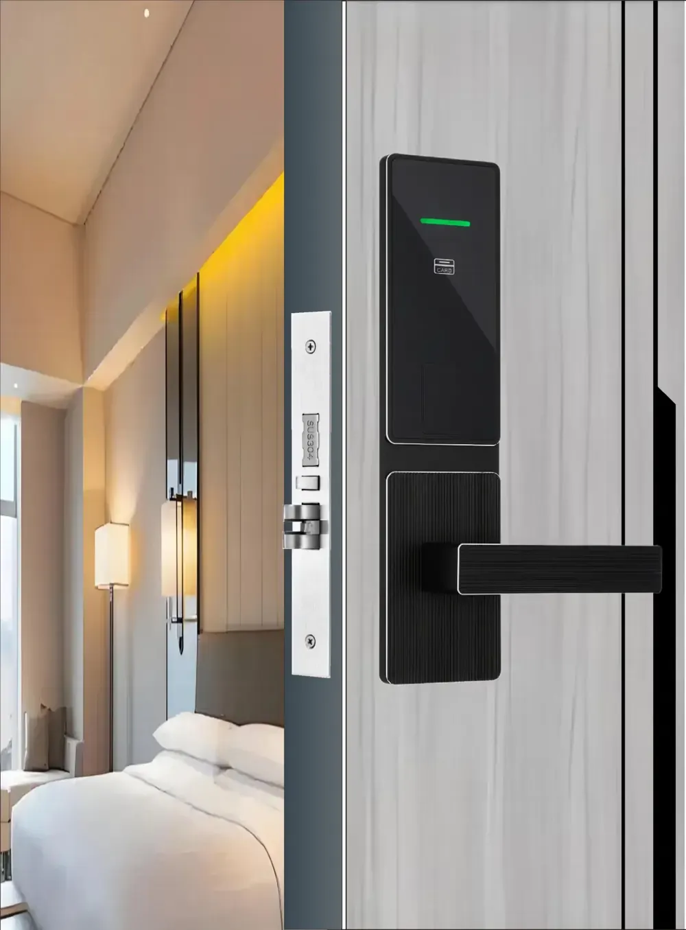 Ribbed-Handle Hotel Lock fitted to a hotel room door