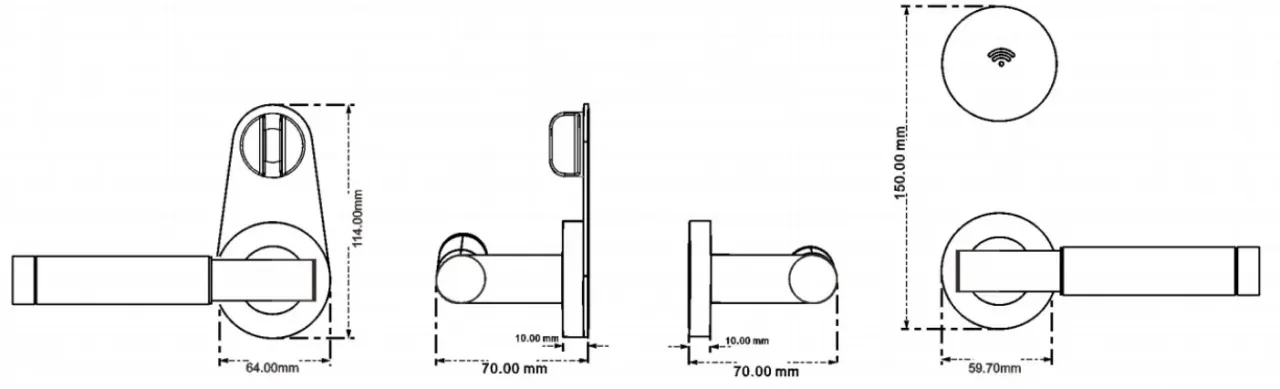 Round-Reader Hotel Lock with Knurled Handle: panel dimension drawings