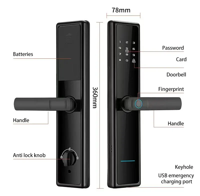 RZ-2 Smart Door Lock (78 x 360 mm): front and rear panels with dimensions