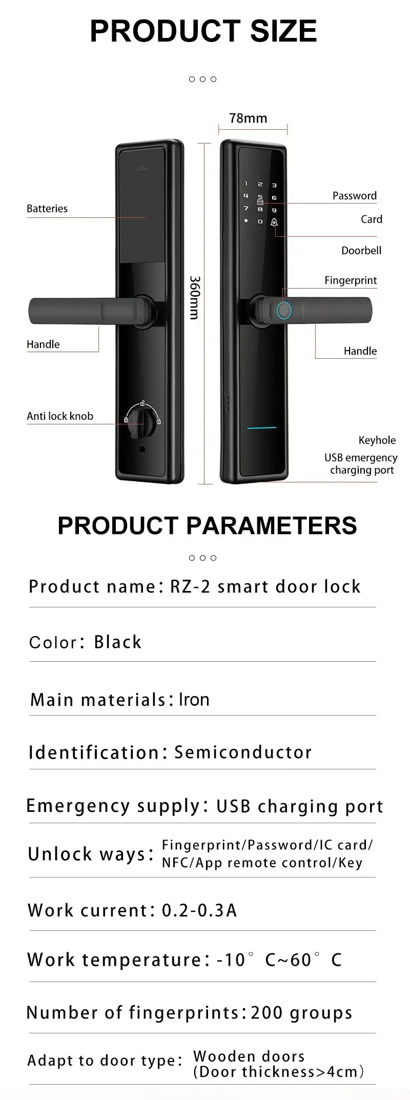RZ-2 Smart Door Lock (78 x 360 mm): dimensions and technical specifications