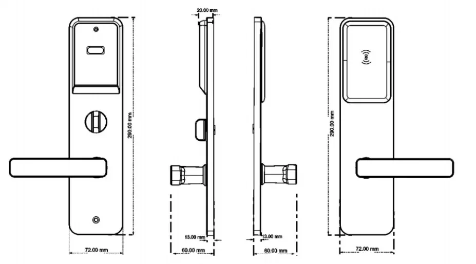 Satin Black Card Hotel Lock: panel dimension drawings
