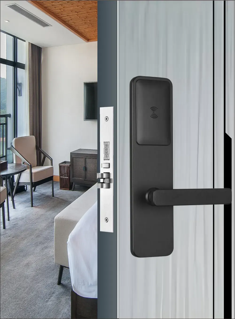 Satin Black Card Hotel Lock fitted to a hotel room door