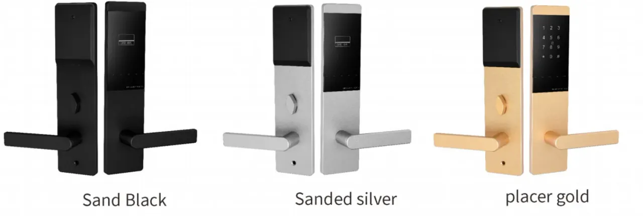 Slim Aluminium Hotel Lock (Sand Black, Sanded Silver, Placer Gold): finishes and versions