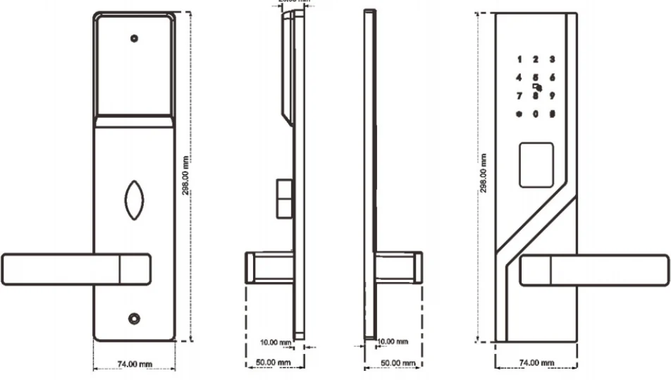 Diagonal-Panel Hotel Lock: panel dimension drawings
