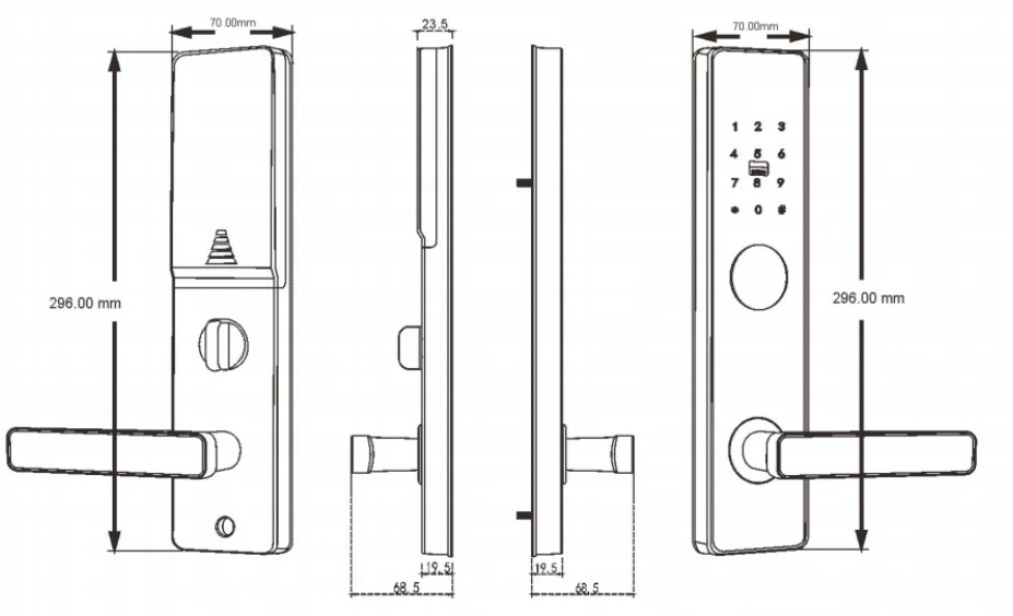 Glass-Panel Hotel Lock, 296 mm: panel dimension drawings