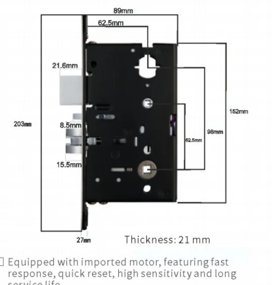 Glass-Panel Hotel Lock, 300 mm: lock body drawing