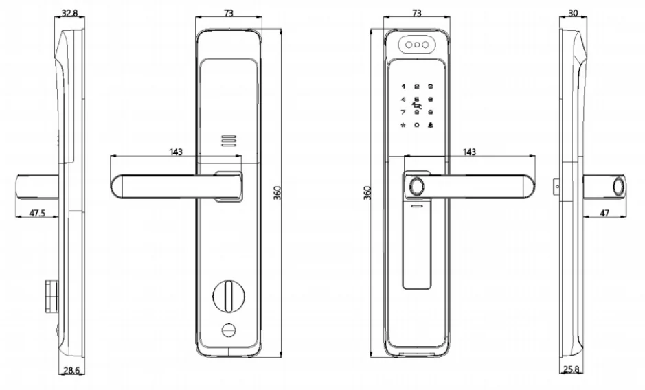 Multipoint Smart Lock, Cloud Smoke Gray: panel dimension drawings