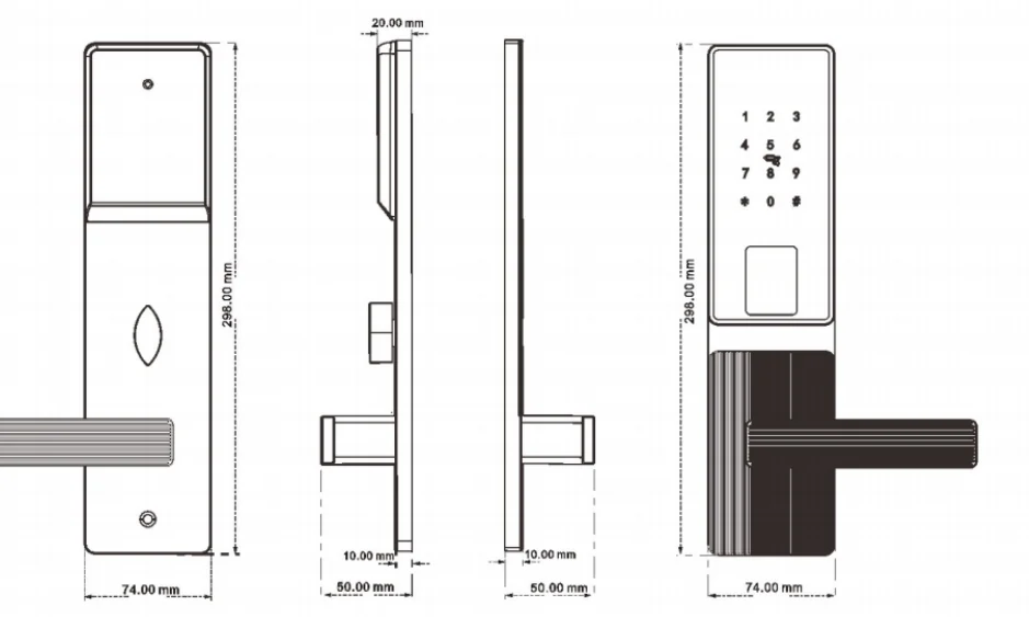Ribbed-Handle Hotel Lock: panel dimension drawings