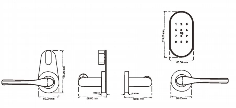RJ7 Split-Handle Hotel Lock: panel dimension drawings