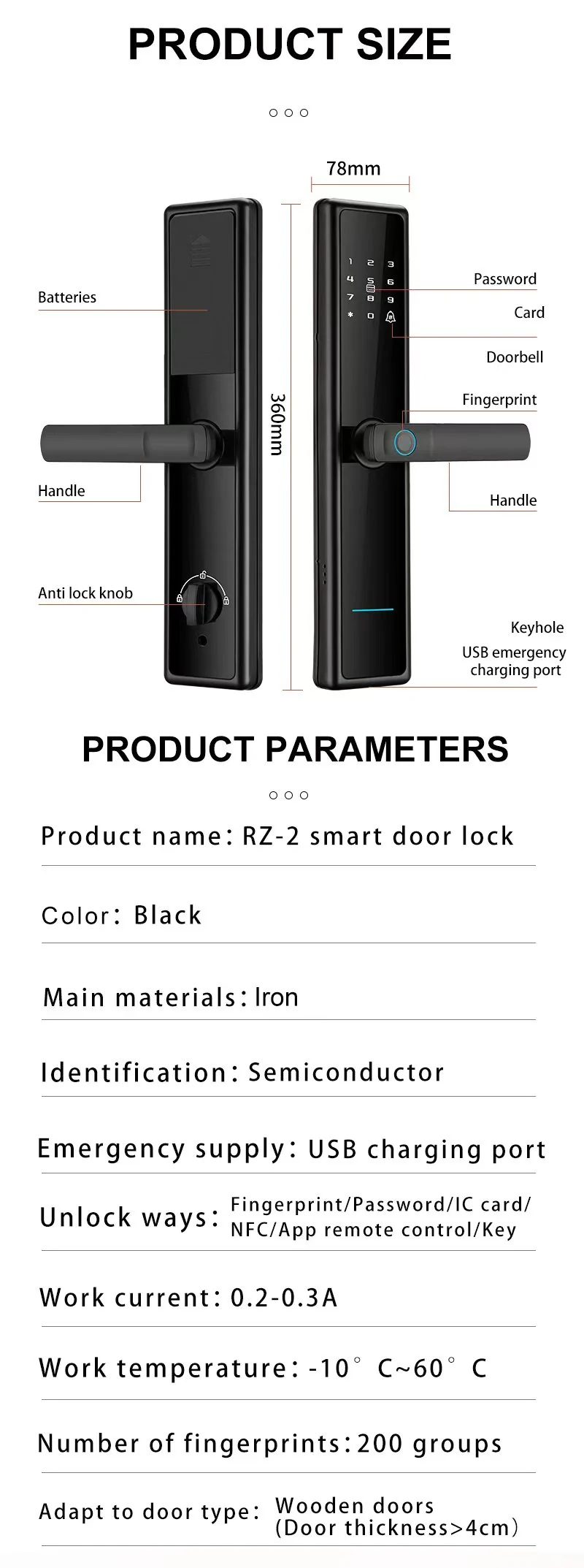 RZ-2 Smart Door Lock (78 x 360 mm): dimensions and technical specifications