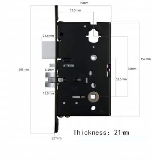 Slim Aluminium Hotel Lock (Sand Black, Sanded Silver, Placer Gold): lock body drawing